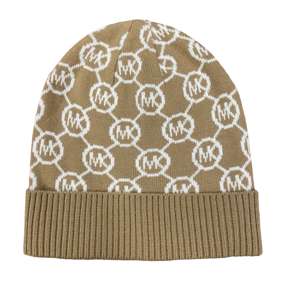 Michael Kors Women's Camel & Cream Jetset Brand Logo Print Cuffed Beanie Hat